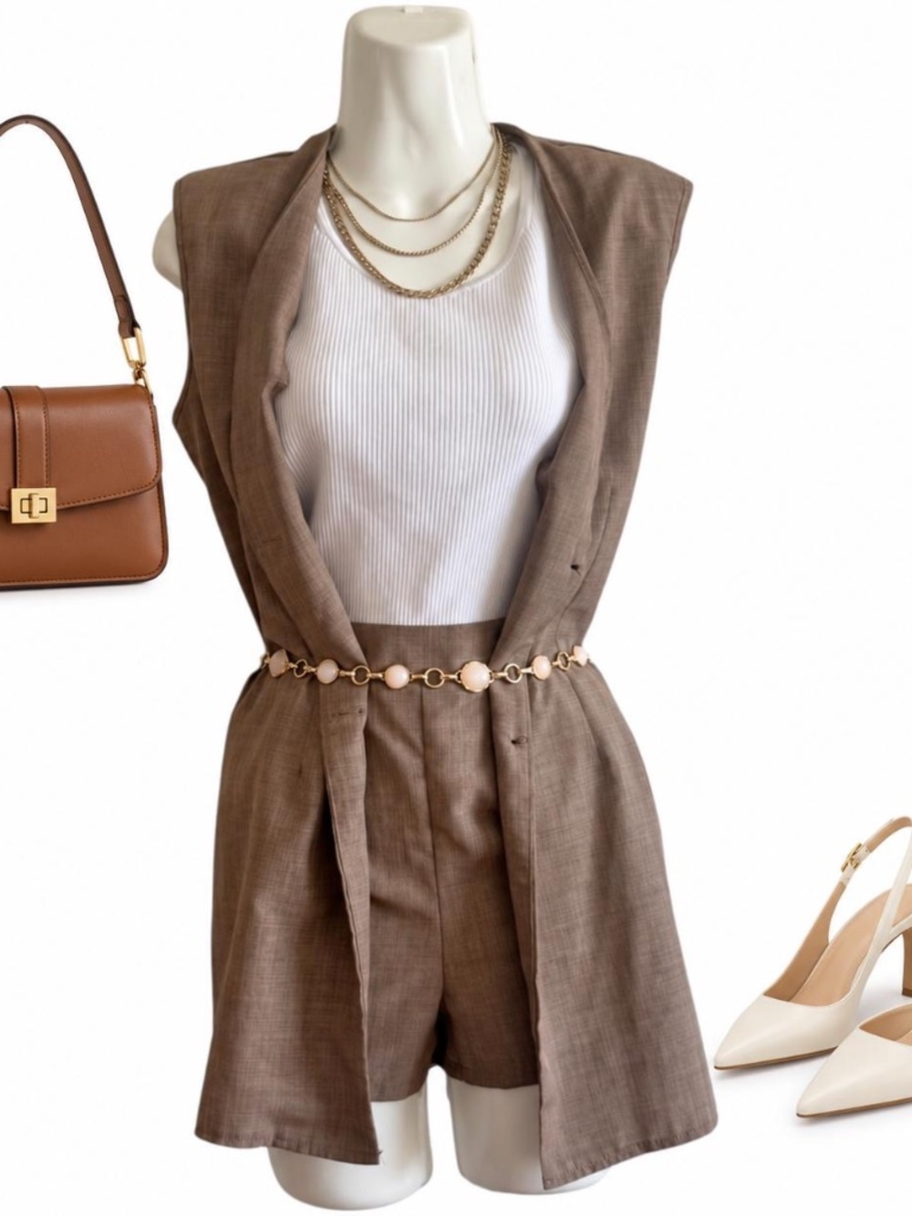 SHEIN Taupe Vest and Shorts Two Piece Set Size Small